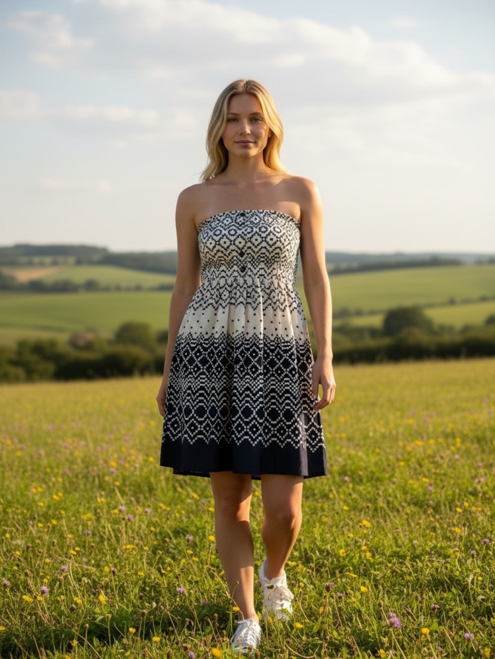 Forever 21 Navy and White Strapless Smocked Sundress‎
